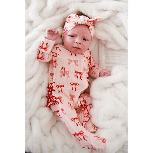 Christmas Bamboo Waffle Ruffle Zipper Footie | Peppermint Bows