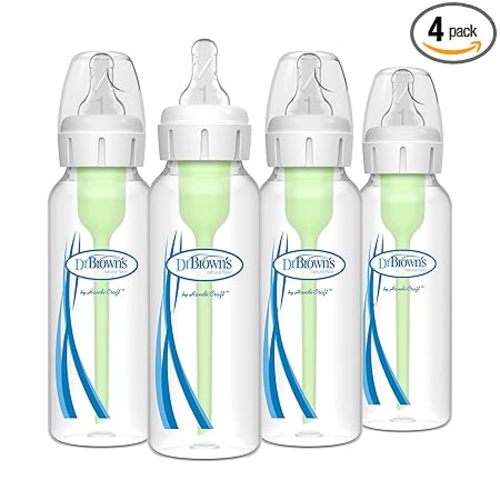Dr. Brown's Natural Flow Anti-Colic Options+ Narrow Baby Bottle, 8 oz/250 mL, with Level 1 Slow Flow Nipples, 0m+, 4 Pack