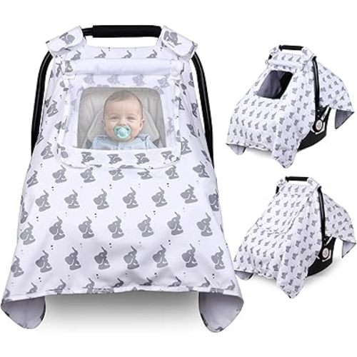 Car Seat Cover Baby, Carseat Covers Baby with 2 Layers Breathable Windows, Windproof Infant Car Seat Cover, Kick-Proof Baby Carrier Cover for Baby Boy Newborn Essentials