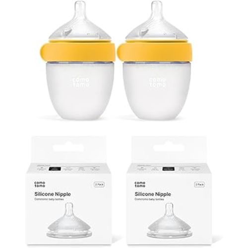 Amazon.com : Newborn Baby Bottle Feeding Set – Comotomo Gen 2 5oz Silicone Baby Bottles (Yellow) + Slow Flow & Medium Flow Nipples – Anti Colic Breast Like Bottle for Newborn Feeding : Baby