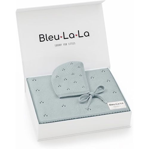 Organic Baby Blanket + Hat Gift Set for Boys - 100% Soft Luxury Cotton Receiving Swaddle Blanket + Bonnett Registry for Newborns & Infants (Powder Blue + Hat)