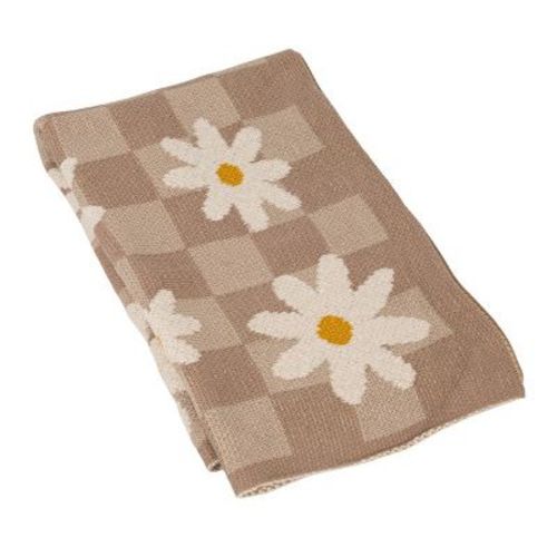 Storied Home Cotton Knit Baby Blanket with Daisies and Check Pattern, Multicolor