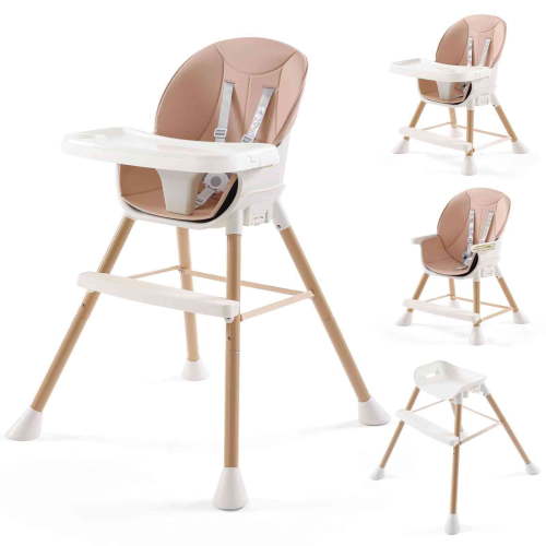 WannaToo 6-in-1 Convertible High Chair for Babies and Toddlers, Baby High Chair with Double Safe Tray, Infants Eating Chair with 5-Point Safety Harness for Boys Girls, Pink