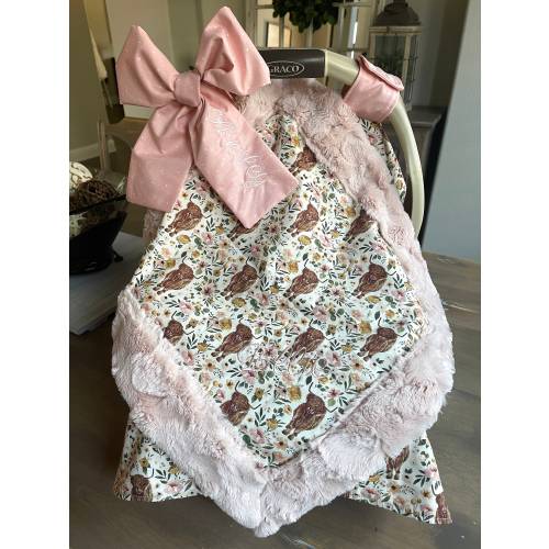 Baby Car Seat Cover / Opt Blanket for Girls - Highland COWS and Floral - All Cotton or Minky - Baby Girl - Shower Gift
