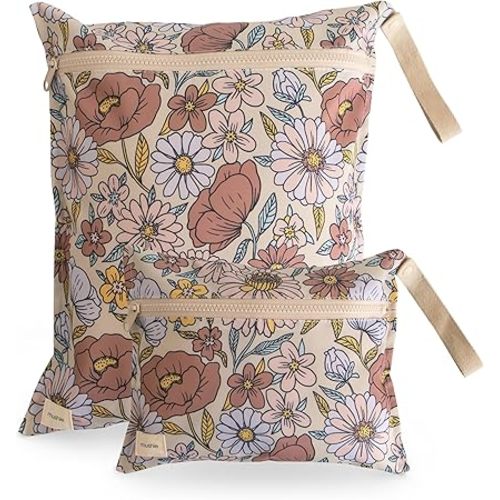 mushie Water Resistant Wet Bags | Large & Small Reusable Storage Bag for Baby Items and Travel | Zippered Pockets with Handle | Machine Washable, Set of 2 (Retro Flowers)