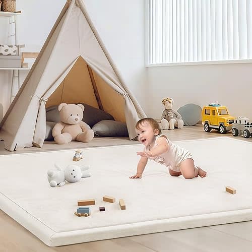 ILPEOD Baby Play Mat for Floor Nursery Rug Muscle Mat Area Rug Playroom Rug 59"x59" Playpen Mat Elastic Foam 1.3" Thick Crawling Mat for Babies,Toddlers, Infants, Kids,Cream