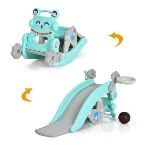 Costway 4-in-1 Rocking Horse & Slide Set Toddler Slide Toy w/ Basketball Hoop Blue