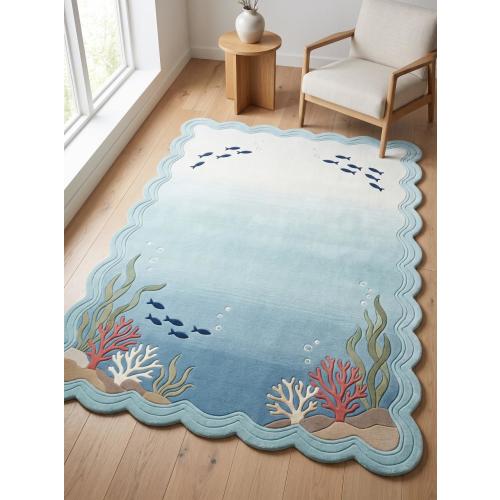Ocean Inspired Scalloped Hand Tufted Wool Area Rug Coastal Nursery Living Room Decor Carpet