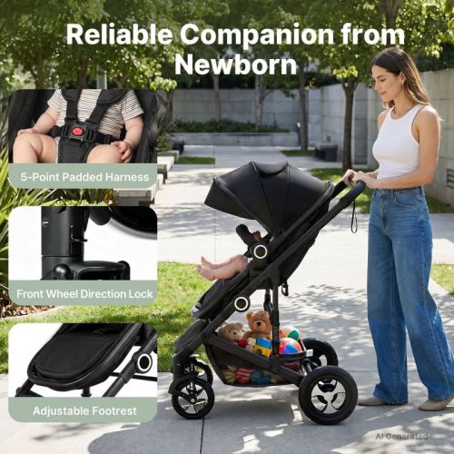 TODECARE 2-in-1 Convertible Baby Stroller with Reversible Seat, Adjustable Canopy and Storage, Black