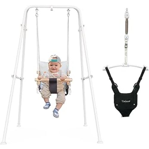 RAGOZONERY 2 in 1 Baby Jumper with Toddler Swing, Baby Jumpers and Bouncers,Indoor Outdoor Toddler Swing Set, Cotton, White