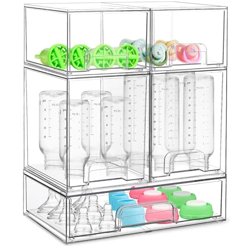 Baby Bottle Organizer for Countertop Food-grade Acrylic Storage for Cabinet | Set of 5 Clear Stackable Organizers with Drawers for Bottles, Plastic Baby Station Organization for Pacifiers, Pump Parts