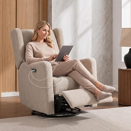 Delta Children Mercer Electronic Power Recliner and Swivel Glider with USB-A and Type-C Ports - Greenguard Gold Certified - Stain-Resistant Performance Fabric is Oeko-TEX Standard 100 Certified, Sand