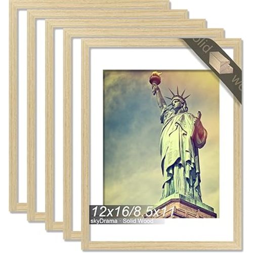 100% Solid Wood 12x16 Picture FrameS et of 5, Natural Oak Frame Display Photo 8.5x11 with Mat or 12 x 16 without Mat, 12 by 16 Frame Natural Wood Finish for Wall - 5 Pack/Natural/12 x16