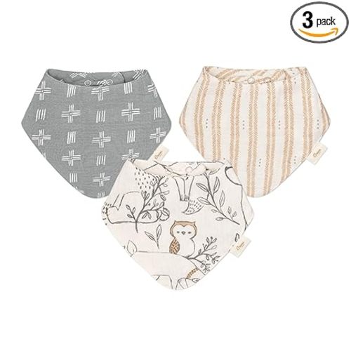 Crane Baby Soft Muslin Baby Bib Set, Adjustable and Absorbent Bandana Style Bibs for Boys and Girls, Woodland Animal, 3 Piece, 18.5” x 9”