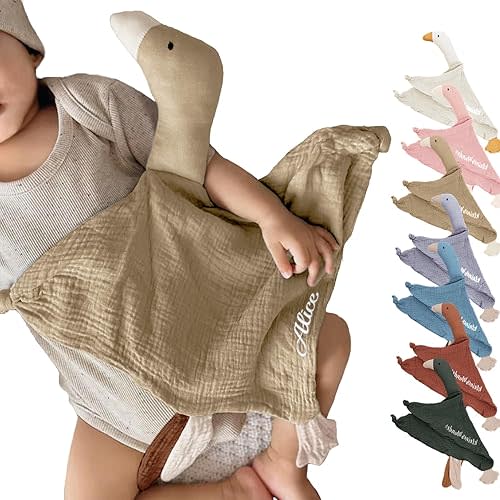 Custom Cotton Muslin Baby Comfort Blanket with Cute Goose Design – Ideal for Christening or Birth(Dark Khaki)