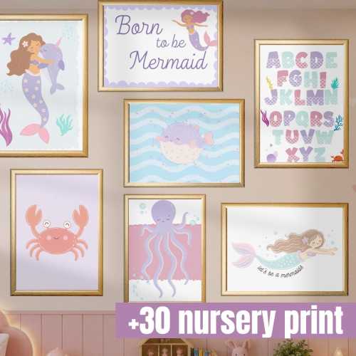 Mermaid Nursery Wall Art Bundle, Mermaid Nursery Decor, Ocean Printable Wall Art, Under the Sea Nursery Prints, Girls Room Decor, 30 arts