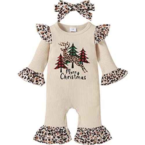 Fernvia Newborn Baby Girl Christmas Outfits Infant Christmas Romper Cute Ruffle Jumpsuit Bodysuit Kids One-Piece Clothes Fall