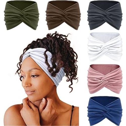 Tobeffect 7'' Extra Wide Headbands for Women, Large Thick Turban Head Wrap Headband, Boho Bandana Head Bands for Women's Hair, Non Slip Workout Yoga Hairband Hair Accessories, 6 Pack