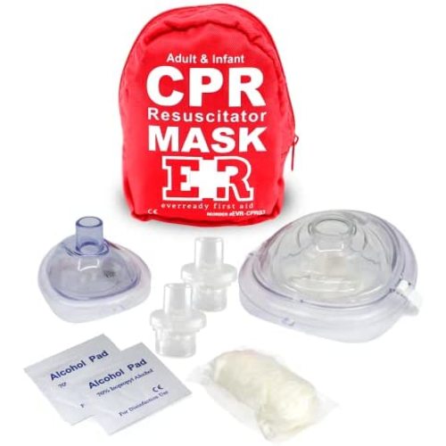 Ever Ready First Aid Adult and Infant CPR Mask Combo Kit with 2 Valves with Pair of Nitrile Gloves & 2 Alcohol Prep Pads - Red