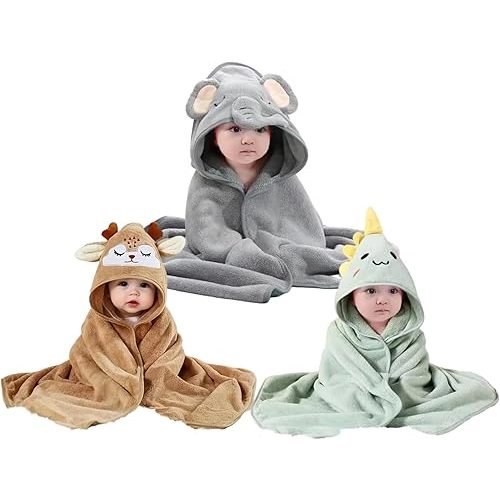Lot de 3 serviettes à capuche pour bébé 80 x 80 cm, douces, super absorbantes, avec motif animal mignon pour garçons et filles