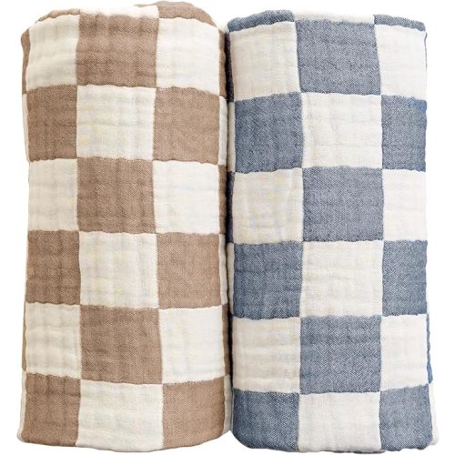 Ultra Soft Checkered Muslin Baby Blanket Pack of 2 Cotton Swaddles Bed Blankets for Babies and Toddlers Boys Newborn 42 x 42 inches (Blue and Coffee)