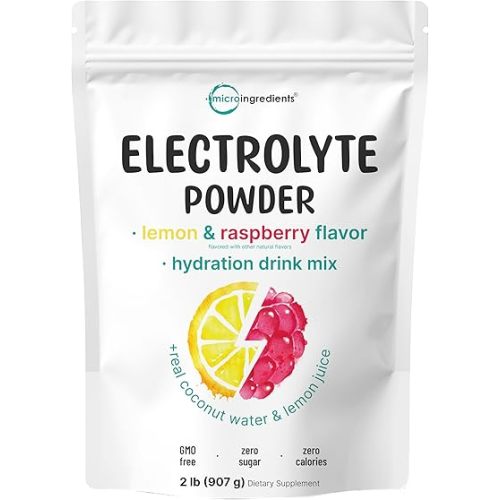 Micro Ingredients Electrolyte Powder, 2 lbs (139 Servings) | Lemon Raspberry Flavor | High Potassium (1,000mg) + Coconut Water & Real Lemon Juice | No Sugar, Keto Friendly | Non-GMO