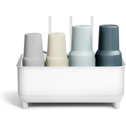 simplehuman Bottle Dock, Steel Frame Fast Drying Bottle Rack, Three-Compartment Organizer for Tumblers, Caps & Straws, White Stainless Steel