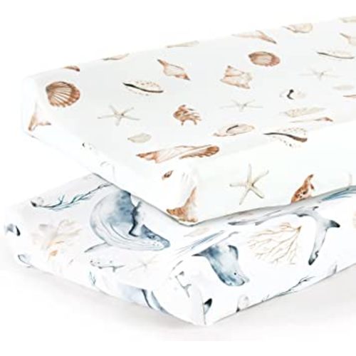 GRSSDER Stretch Ultra Soft Jersey Knit Changing Pad Cover Set 2 Pack,Change Table Pad Covers Fit 32"/34" x 16" Pads Safe and Snug,Stylish Cute Whale Sea Worl for Baby