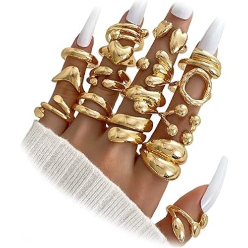 IFKM Gold Chunky Rings Set for Women 14k Gold Plated Thick Dome Stackable Open Rings Trendy Dainty Minimalist Jewelry Gifts