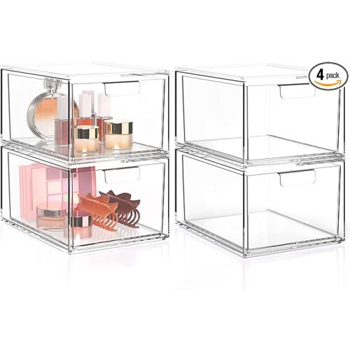 Makeup Organizer 4 Pack, Stackable Acrylic Drawer Box for Vanity, Bathroom Cabinet, Countertop, Under Sink, Desk and Pantry, Clear Plastic Storage Bins for Skincare and Medicine, Cosmetic Display Case