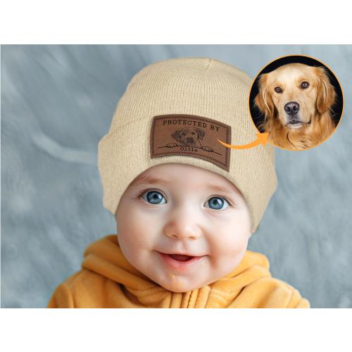 Personalized Baby Beanie, Custom Pet Portrait Beanie Protected By Baby Beanie w/ Vegan Leather Patch for Boy Girl Baby Puppy Beanies w/ Name