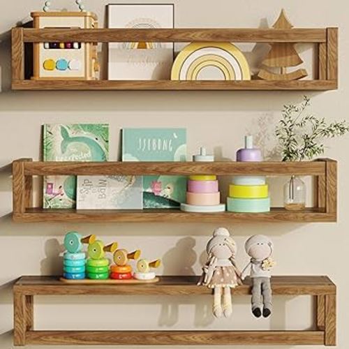 TidyCorner Shelves for Wall, Nursery Book Shelves 4.72 inches Wide Set of 3, Wall Mounted Bookshelf for Kids Room Decor(Walnut Brown)