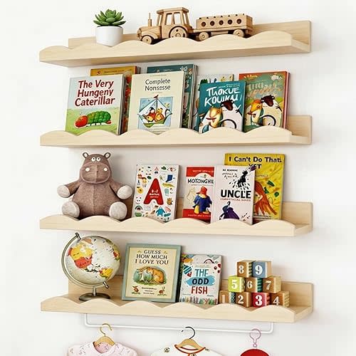 Fixwal Nursery Book Shelves, 16.5 Inch Floating Bookshelves for Wall Set of 4, Scalloped Wall Book Shelves with Towel Rack for Kids, Toddler Room, Baby Room, Nursery Decor and Storage(Natural Wood)