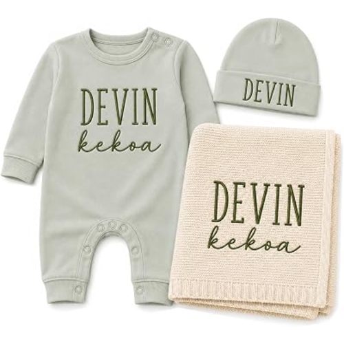 Personalized Baby Coming Home Outfit Set, Custom Name Romper, Hat & Blanket