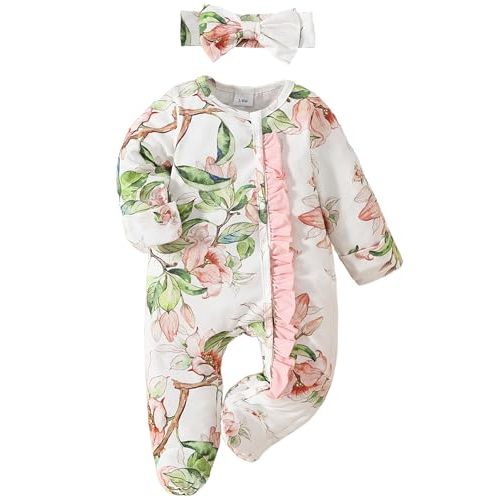Yvowming Newborn Baby Girl Clothes Ruffle Jumpsuit Romper Infant Coming Home Outfit for Baby Girl