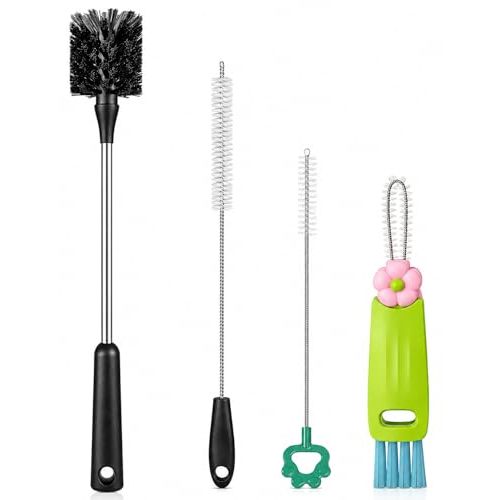 [4 Pack] Bottle Brush, 15 Inches Stainless Steel Long Handle Baby Bottle Scrub Cleaning Brushes with Straw & Lid Brushes for Sports Water Bottle, Cups, Coffee Mugs, Glasswares