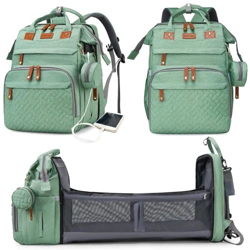 Astro alan Baby Diaper Bag with Changing Station, Waterproof Diaper Bag Backpack for Moms Dads with USB Charging Port, Baby Shower Gifts, Large Capacity diaper backpack, Pale Green