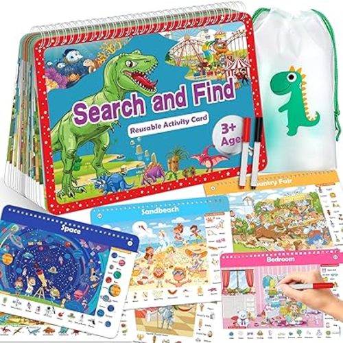 Search and Find Book for Kids Ages 4-6,3-8, Reusable Activity Pad with 24 Toddler Activities Books, Educational Toys for 3+ Year Old, Toddler Airplane Travel Essentials, Travel Toys for Kids 4-8