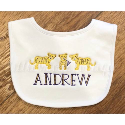 Plain Bib - Tiger Embroidered Bib - Baby bib   - Personalized Bib - Preppy Baby Boy Bib Purple and Gold - Tiger Trio Bib