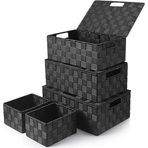 Storage Bins Baskets for Organizing with Lids, Storage Baskets for Shelves Stackable Woven Basket, Gift Small Basket Storage Cubes, Decorative Wicker Basket with Built-in Handles (5 Pack, Black)