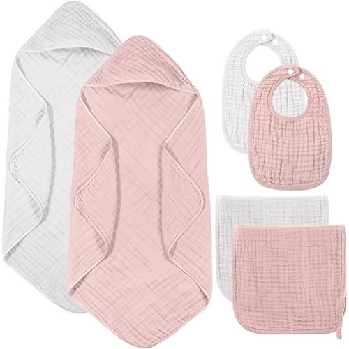 6 Pcs Muslin Hooded Bath Towels Washcloths and Bibs Set, Muslin Cotton Baby Towels Absorbent Hooded Blanket Towel Infant Bibs for Boys Girls Newborn Infant Essentials(Pink, Light Pink)