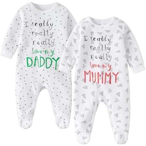 Unisex Baby Footie Pajama, Pack of 2 I Love Daddy and Mummy Print Long Sleeve Footie Sleepwear