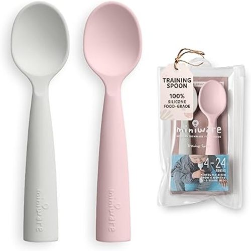 Miniware Silicone Baby Spoon for Training - BPA Free Baby Utensils - Baby Spoons Self Feeding 6 Months | 100% Food Grade Silicone - Modern & Dishwasher Safe Toddler Spoons (Grey and Cotton Candy)