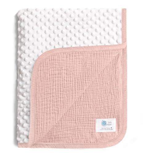 lulumoon Muslin Baby Blanket for Girls: Minky Dot Backing Thermal - Newborn Blanket for Baby Shower & Registry Gift 30"x40"(Pink)