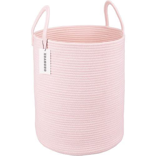 Cotton Rope Laundry Basket Hamper for Girls Kids Baby Nursery Hamper Bin Woven Storage Basket for Living Room Girls room Boho Tall Rope Baskets for Blanket Toys Large light pink