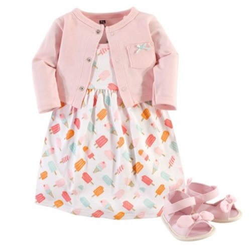 Hudson Baby Infant Girl Cotton Dress, Cardigan and Shoe 3pc Set, Ice Cream, 9-12 Months