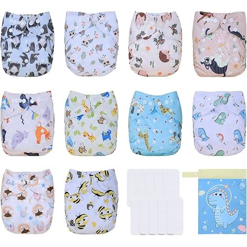 TDIAPERS Cloth Diaper Covers Reusable Washable Pocket Diapers One Size Adjustable for Baby 10 Pack with 10 Pcs Microfiber Inserts, 1 Wet Bag