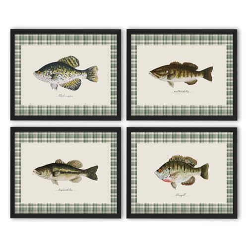 NaZaUK Vintage Fishing Wall Art Prints, Rustic Fish Canvas Wall Art Decor, Lake House Decor, Vintage Nursery Decor, Farmhouse Poster Artwork for Kitchen Bedroom, 8x10 Inches Set of 4 Unframed