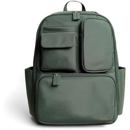 Itzy Ritzy Utility Diaper Bag Backpack – Features 17 Pockets (Including 2 Insulated Bottle Holders) & Trolley Sleeve and Includes Stroller Straps & Changing Pad – Part of the Belong Collection (Green)