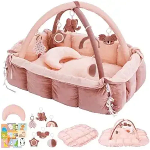 5-in-1 Baby Play Gym and Tummy Time Mat, Tummy Time Pillow & 12 Learning Cards, Plush Activity Mat with 6 Toys, Baby Gym, Convertible to Ball Pit, Baby Gift, Pink